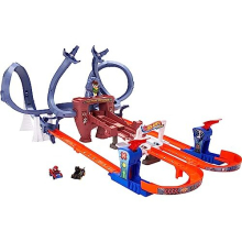 RacerVerse Spider-Man's Web-Slinging Speedway Track Set with Hot Wheels Racers Spider-Man and Black Panther, Multi-Lap