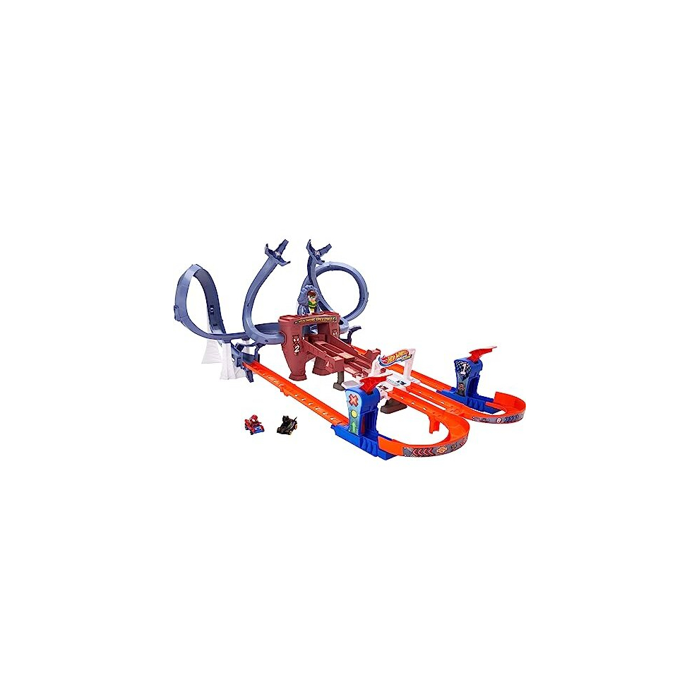 RacerVerse Spider-Man's Web-Slinging Speedway Track Set with Hot Wheels Racers Spider-Man and Black Panther, Multi-Lap