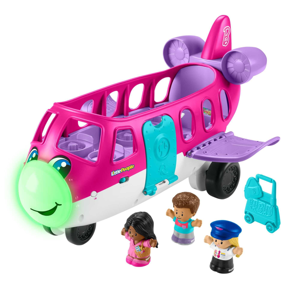 Little People Barbie Toy Airplane for Toddlers with Lights Music and Folding Stairs, Little Dream Plane, 4 Play Pieces,