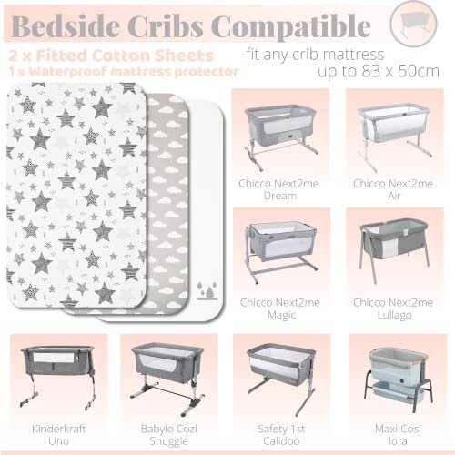 Next to Me Crib Sheets - 3pc Crib Sheets Set - 2 Fitted Cotton Sheets and 1 Waterproof Mattress Protector for Bedside 1