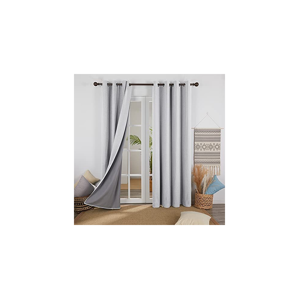 Linen Look Full Blackout Curtains Eyelet Thermal Insulated Bedroom Curtains With Coating Back Layer For Nursery 52 X 54 Light/Grey Deconovo