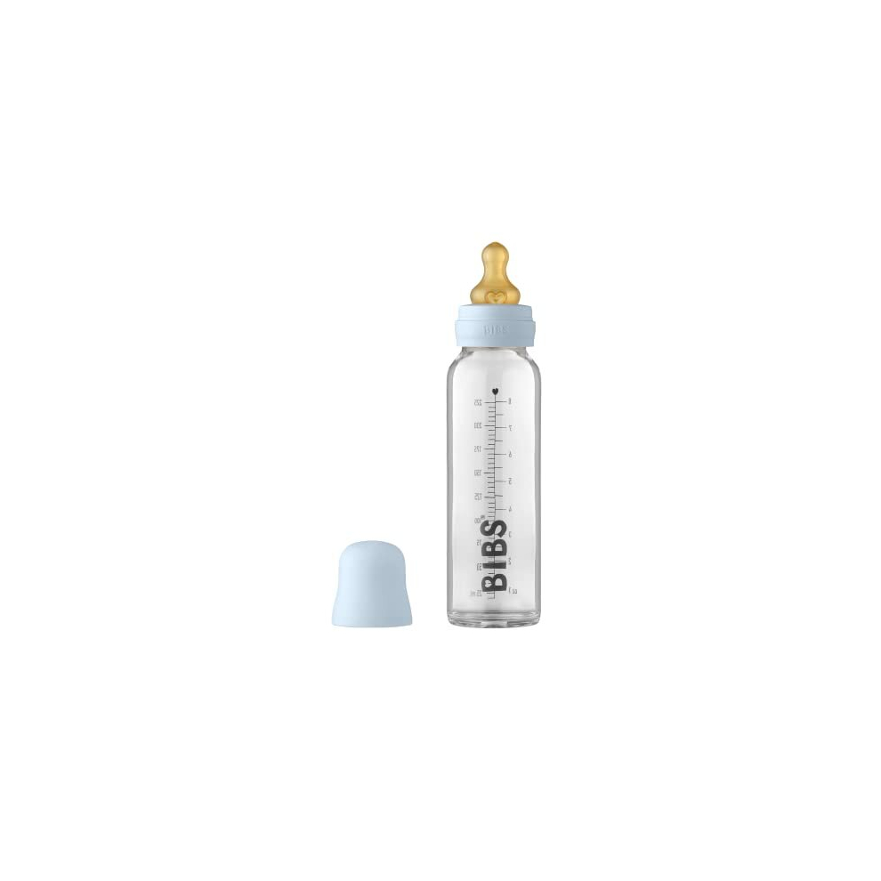 Baby Glass Bottle. Anti-Colic. Round Natural Rubber Latex Nipple. Supports Natural Breastfeeding, 225 Ml, Baby Blue Bibs