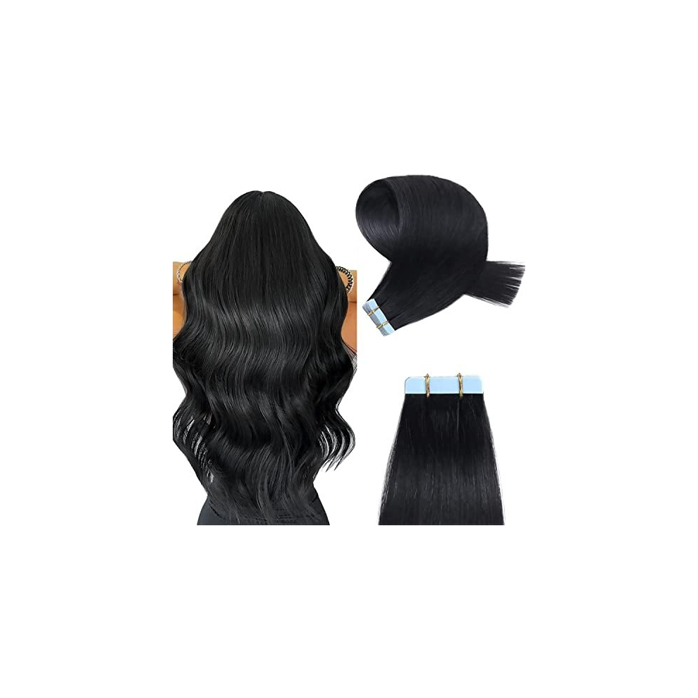 Yilite Unisex Black Tape In Hair Extensions Human Hair #1 Jet 16 Inch 20Pcs 40G/Pack Invisible Straight Seamless Skin Weft Remy Hair