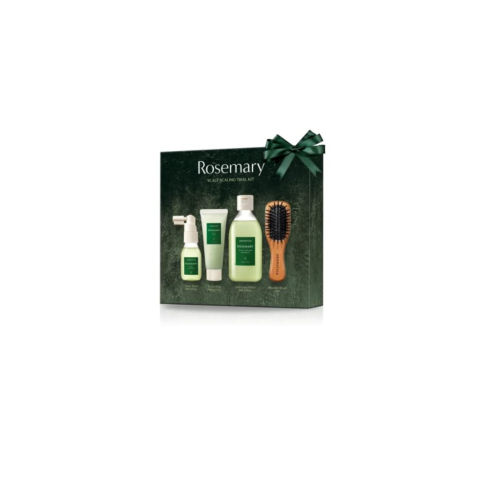Aromatica Rosemary Scalp Scaling Trial Kit - Gift Set - Mini Wooden Hair Brush - [Shampoo 3.38 Fl. Oz. / Root Enhancer 1.01 Fl. Oz