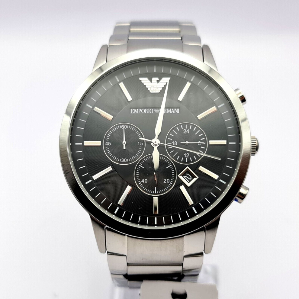 NEW EMPORIO ARMANI MENS WATCH RENATO AR2460 SILVER TONE with BLACK DIAL GENUINE