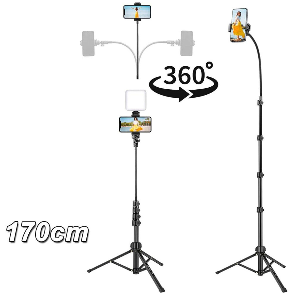 Mobile Phone Stand Tripod, Mobile Phone Tripod Aluminium Telescopic Tripod 170 cm Height Adjustable, Flexible Gooseneck Mobile Phone Holder for Phone