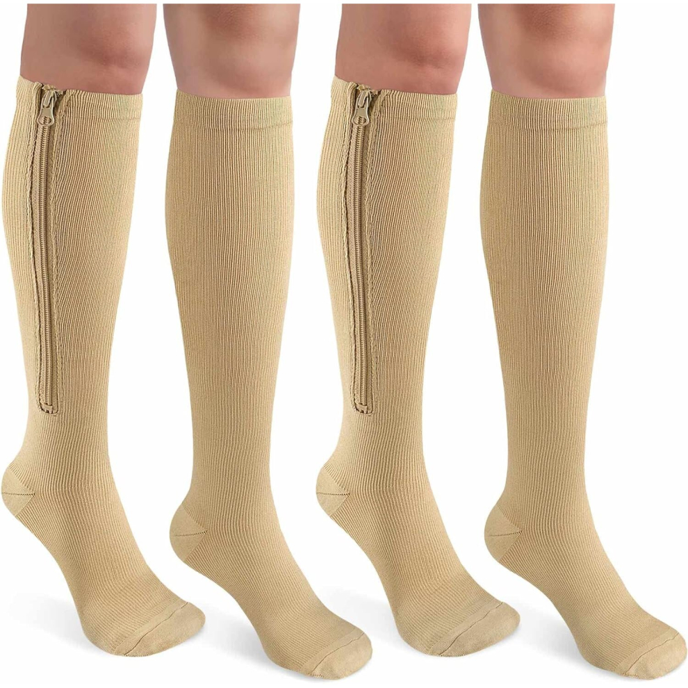 2 Pairs Zipper Compression Socks for Women & Men,15-20 mmHg Closed Toe Knee High Support Sock for Varicose Vein Edema/XX-Large/Beige