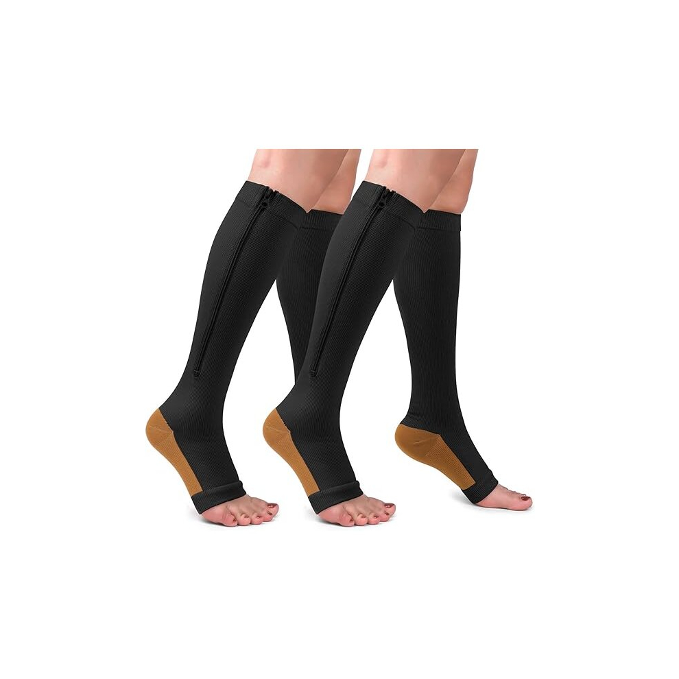 Tianfu Black 2 Pairs Copper Zipper Compression Socks 15-20Mmgh-Calf Knee High Open Toe Support Stocking Compression Stocking/Small-Medium-Copper