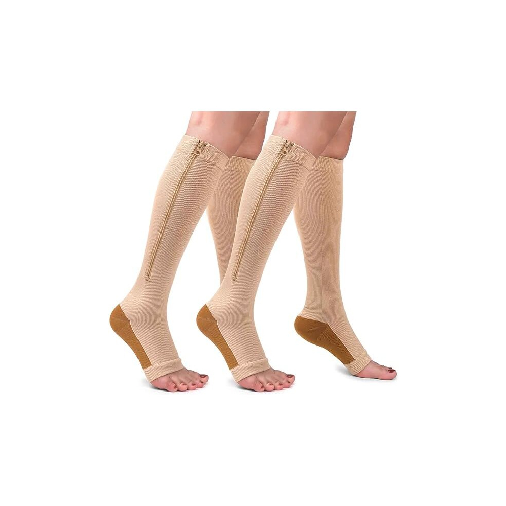 Tianfu 2 Pairs Copper Zipper Compression Socks 15-20Mmgh-Calf Knee High Open Toe Support Stocking Compression Stocking/Xx-Large-Copper Nude