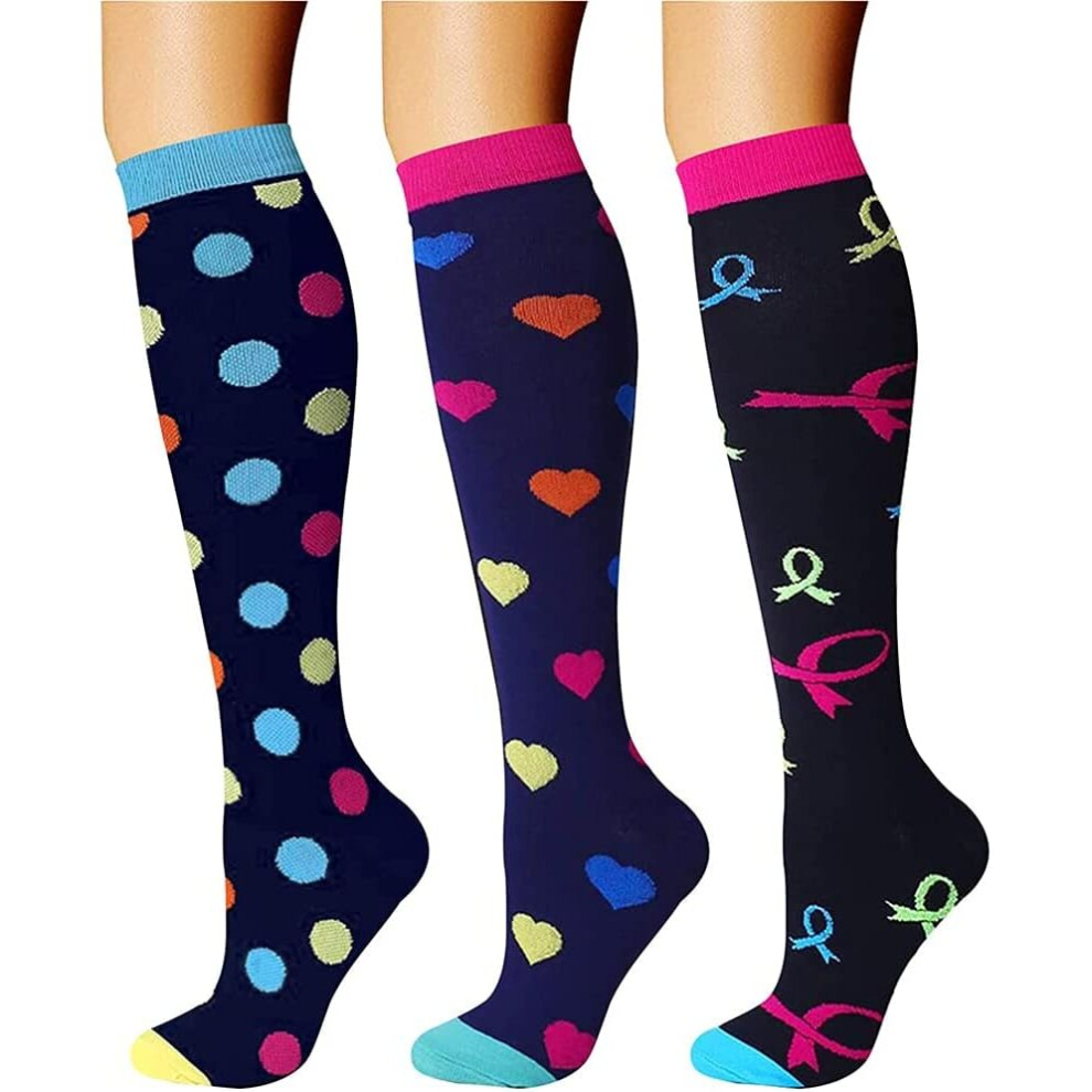 Compression Socks for Women & Men Circulation (3 Pairs) 15-20 mmHg is Best Support for Athletic Running Cycling-Small-Medium-Circular/heart/ribbon