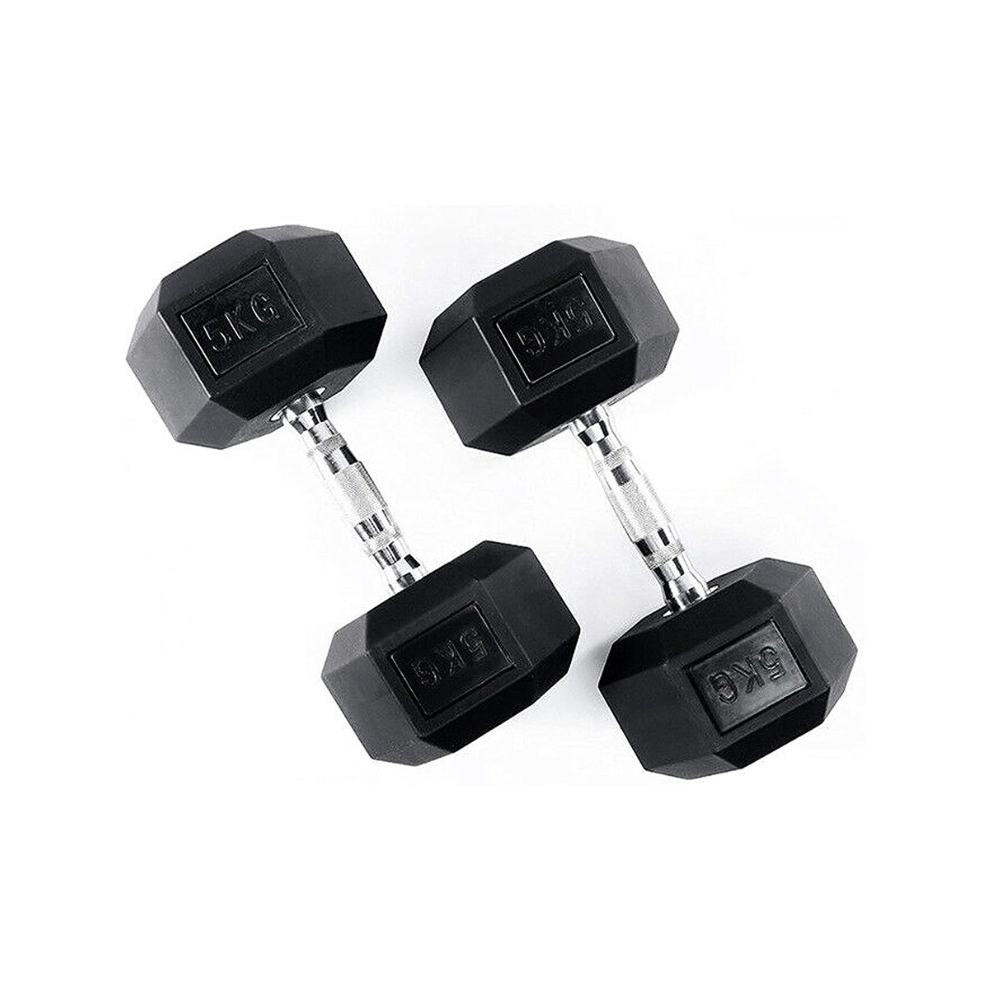 (2x 5kg) Hex Dumbbells Iron & Rubber Weights - Black