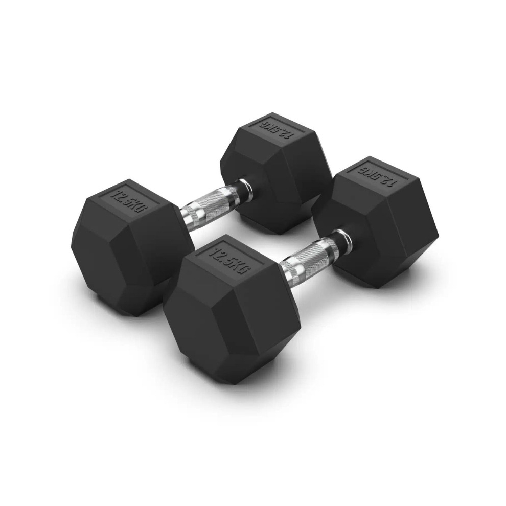 (2x 12.5kg) Hex Dumbbells Iron & Rubber Weights - Black