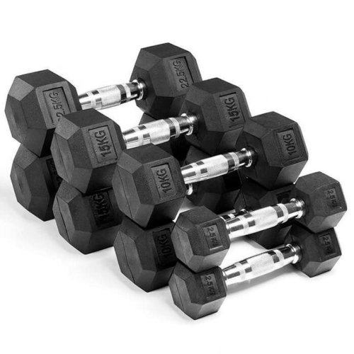 (1x 27.5kg) Hex Dumbbells Iron & Rubber Weights - Black 2
