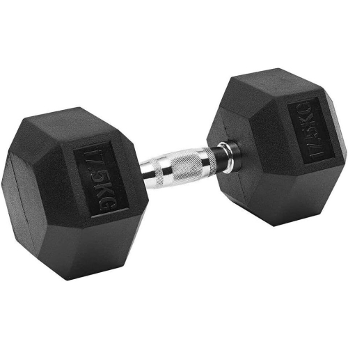 (1x 17.5kg) Hex Dumbbells Iron & Rubber Weights - Black