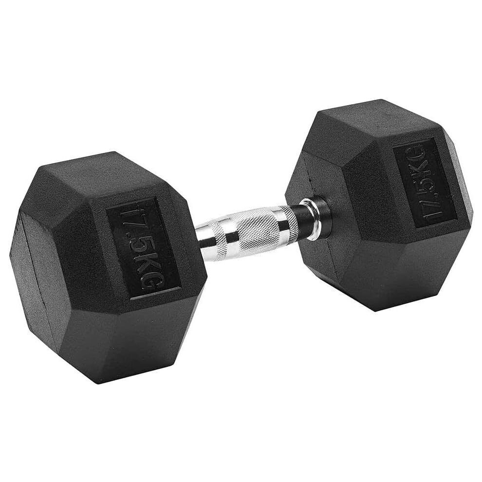 (1x 17.5kg) Hex Dumbbells Iron & Rubber Weights - Black