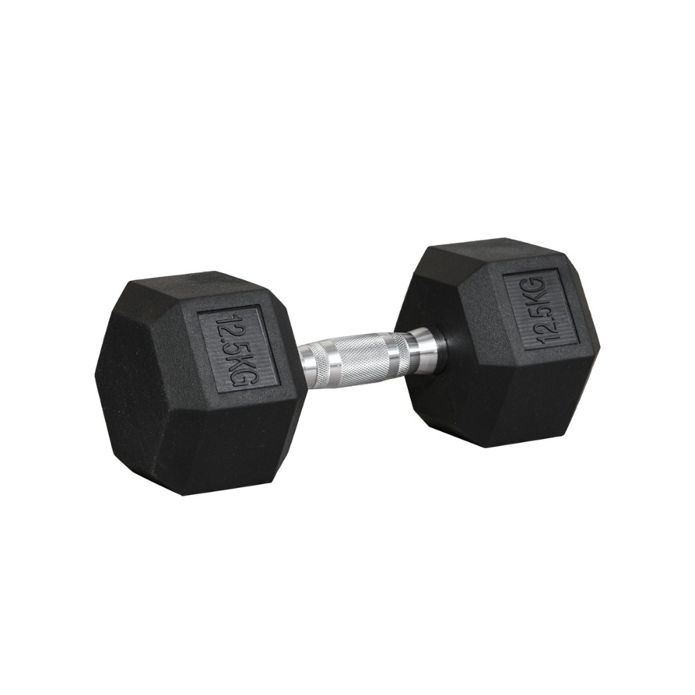 (1x 12.5kg) Hex Dumbbells Iron & Rubber Weights - Black