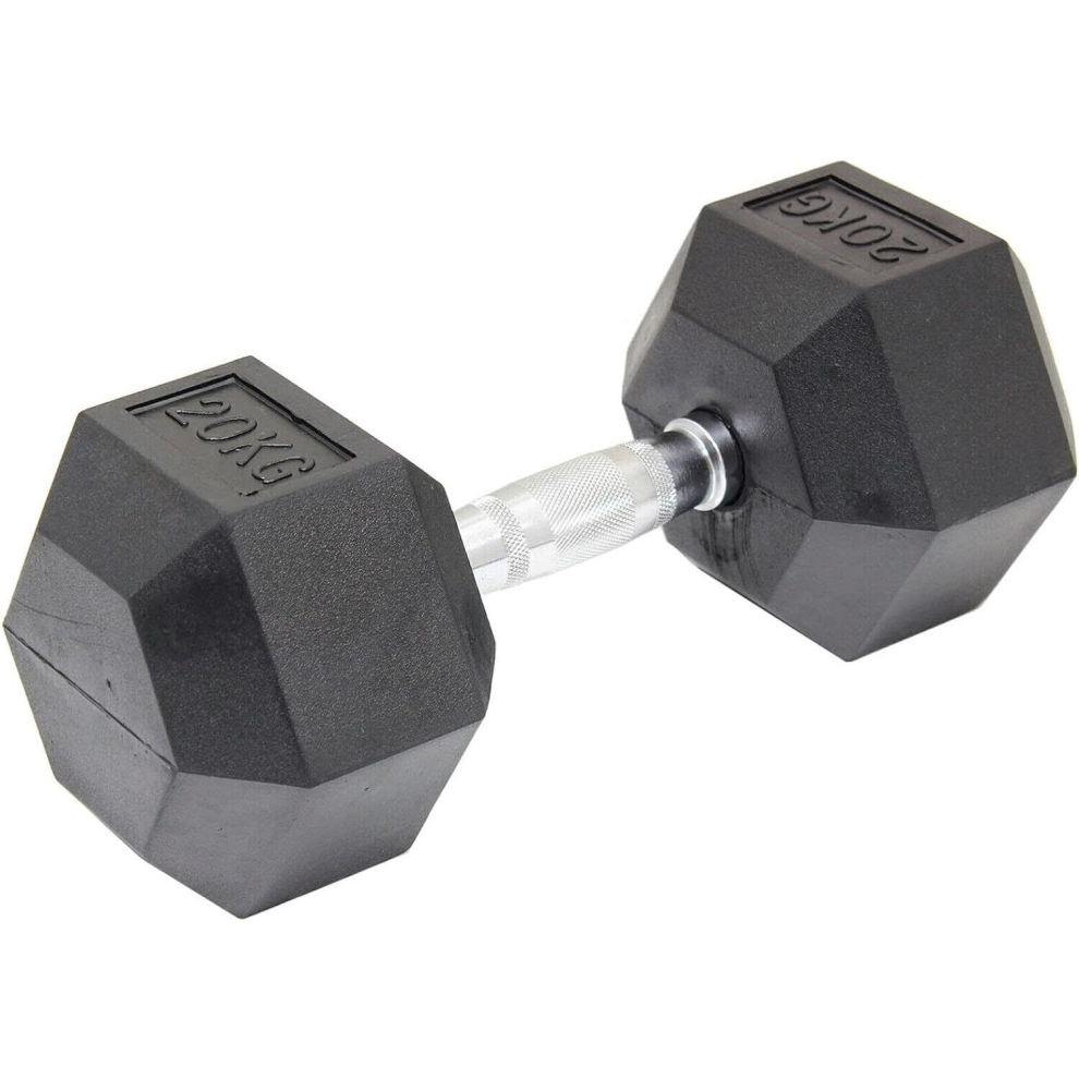 (1x 20kg) Hex Dumbbells Iron & Rubber Weights - Black