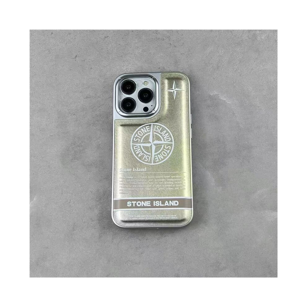 (iPhone 15, Golden) Personality Stone Island leather phone case case case hard bottom