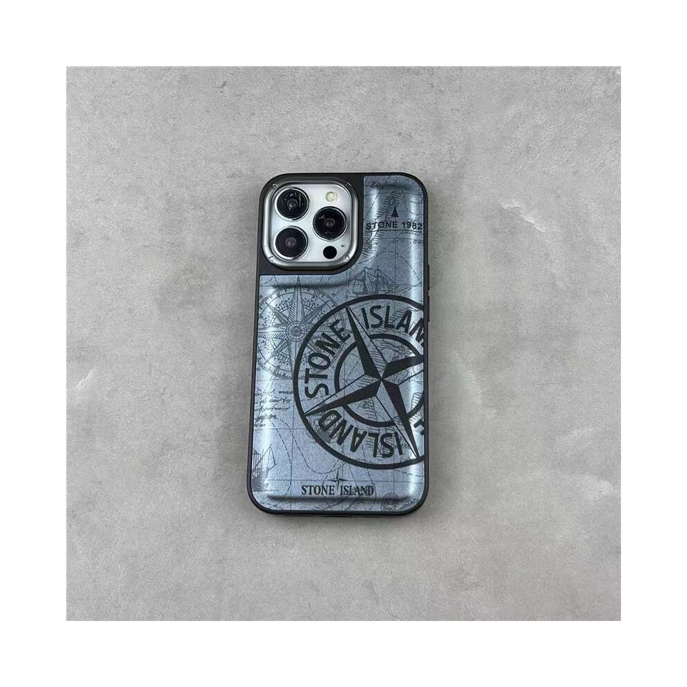 (iPhone 13, black) Personality Stone Island leather phone case case case hard bottom