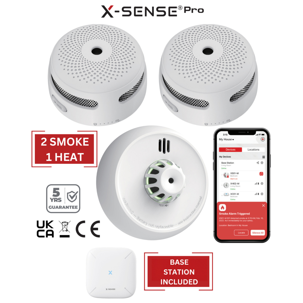 (2 Smoke / 1 Heat) Smart Smoke Detectors, Carbon Monoxide & Heat Alarms with Base Station