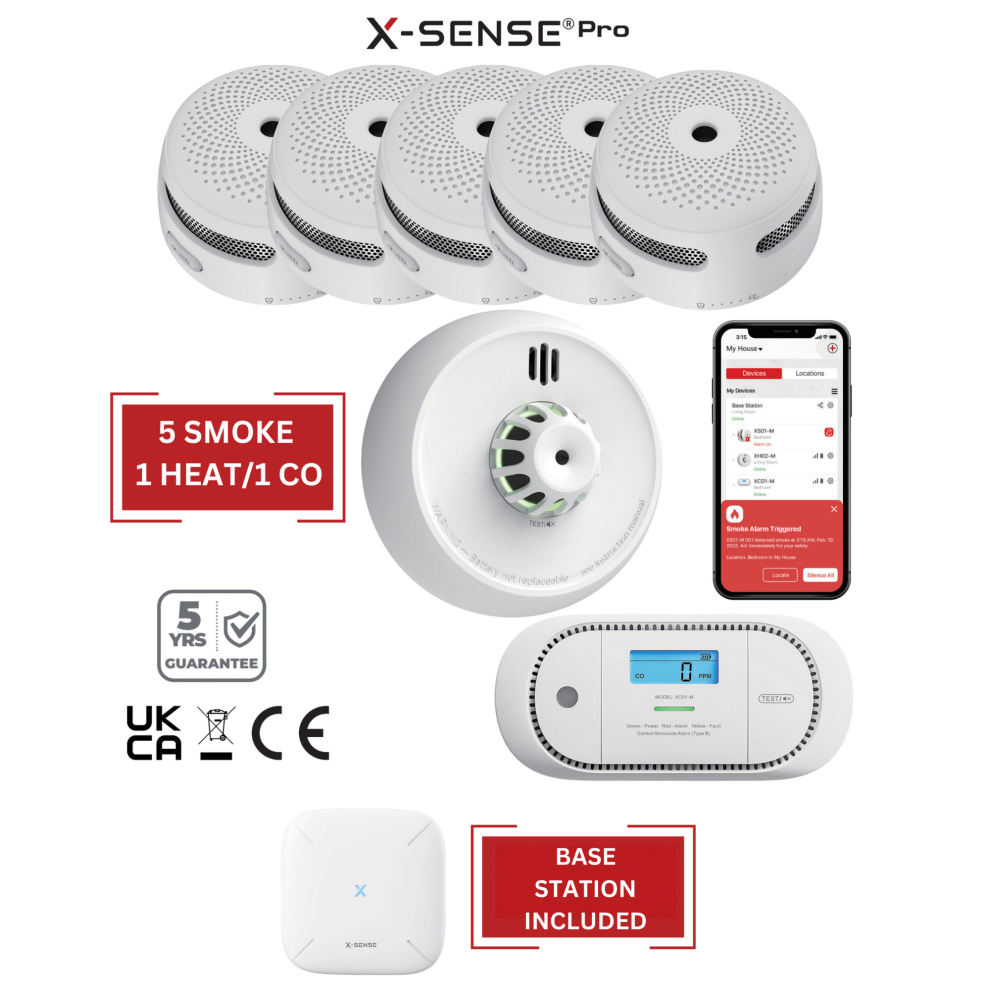 (5 Smoke / 1 Heat / 1 CO) Smart Smoke Detectors, Carbon Monoxide & Heat Alarms with Base Station