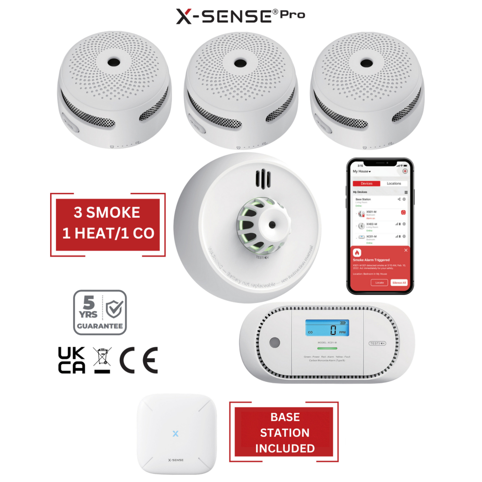 (3 Smoke / 1 Heat / 1 CO) Smart Smoke Detectors, Carbon Monoxide & Heat Alarms with Base Station