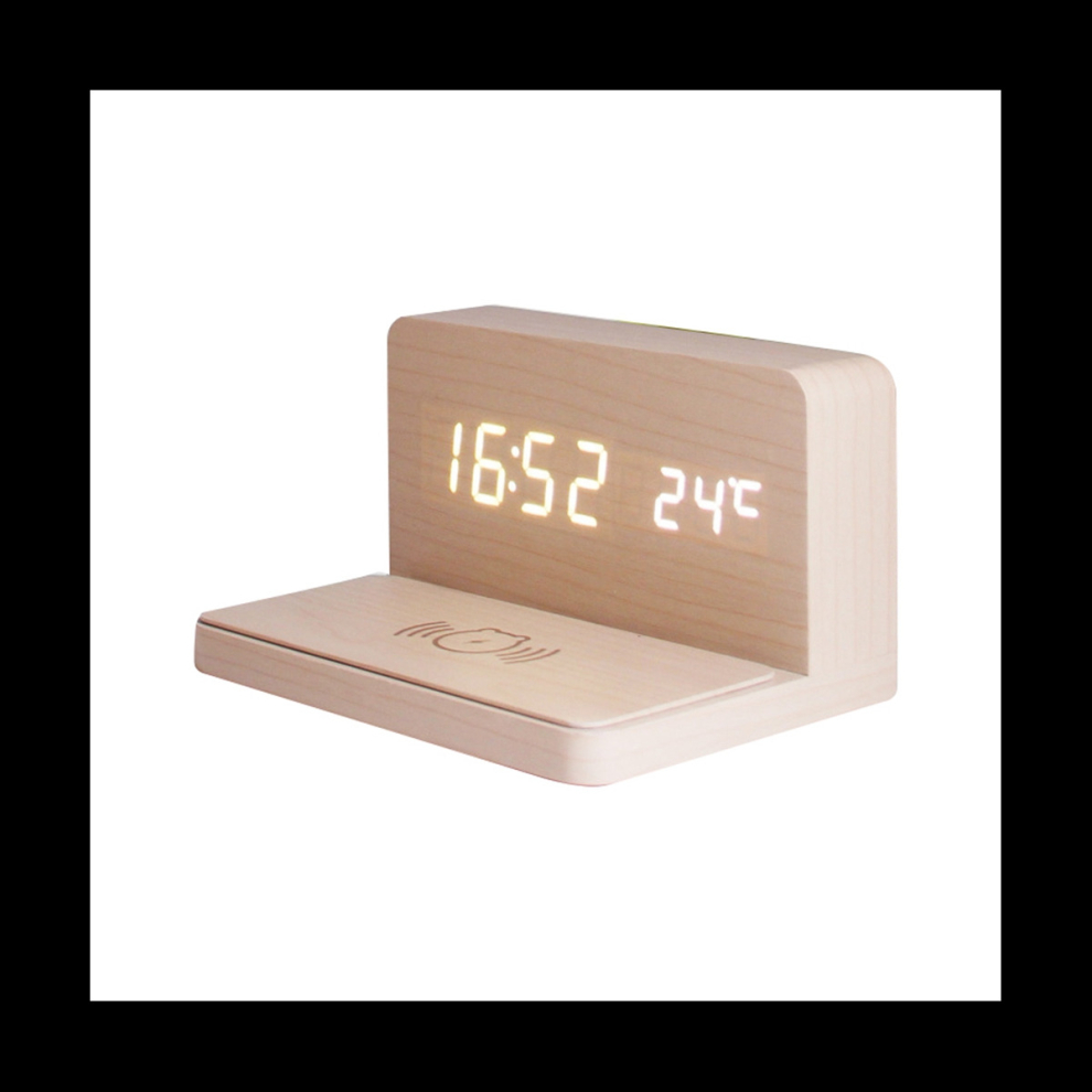 10W LED Wireless Charging Alarm Electronic Clock Thermometer-Bamboo