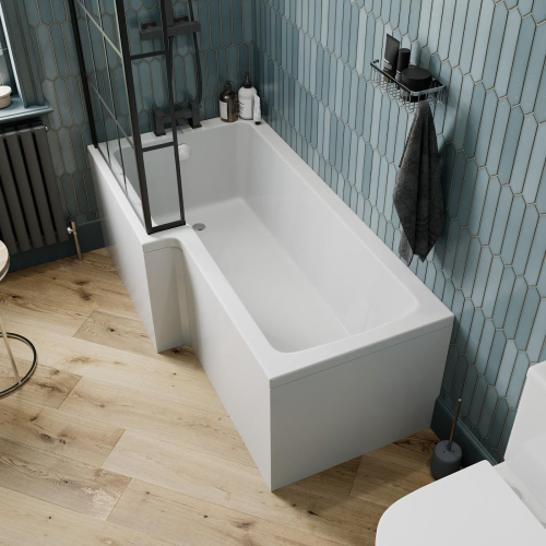 Bathroom L Shaped Bath Black Grid Shower Screen LH Front End Panel White 1700mm 2