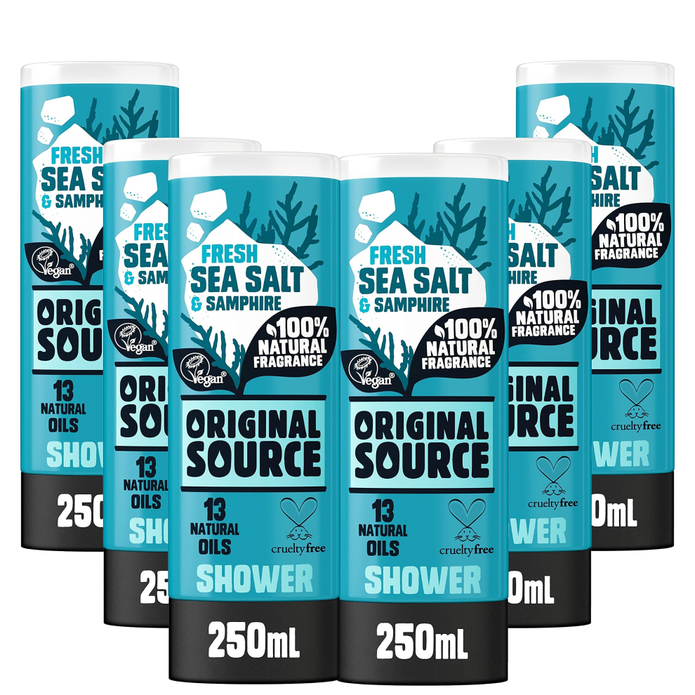 Original SourceSea Salt and Samphire VeganShower Gel, 100 Percent Natural Fragrance, Vegan, Cruelty Free, Paraben Free, Bulk Buy, Pack of 6 x 250 ml