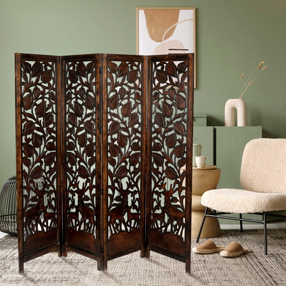 (DARK BROWN) 4 Panel Wooden Stag Deer Screen Room Divider