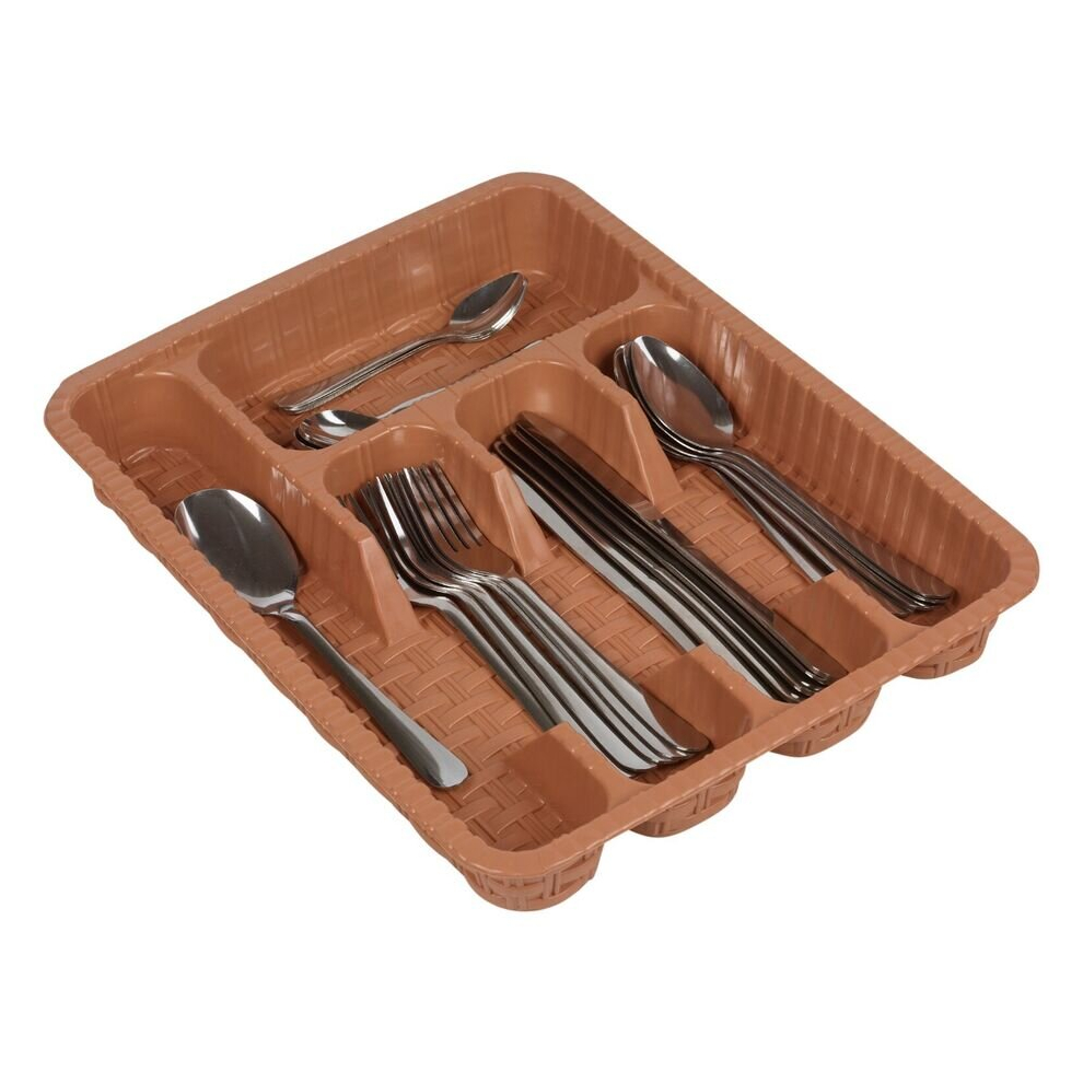 (Cappuccino) Plastic Woven Rattan Cutlery Utensils Holder Flatware Drawer 5 Section Organiser