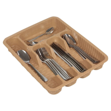(Beige) Plastic Woven Rattan Cutlery Utensils Holder Flatware Drawer 5 Section Organiser