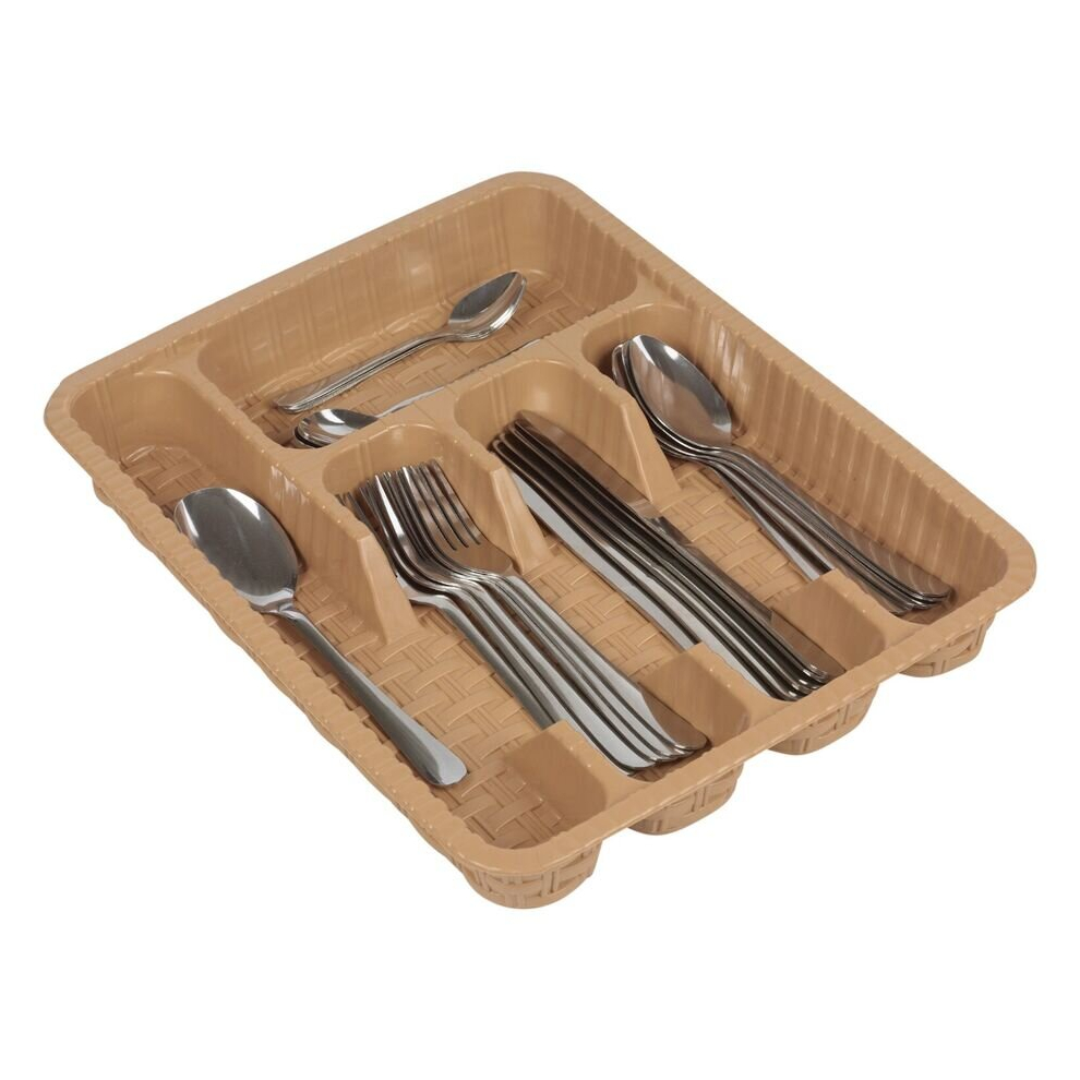 (Beige) Plastic Woven Rattan Cutlery Utensils Holder Flatware Drawer 5 Section Organiser