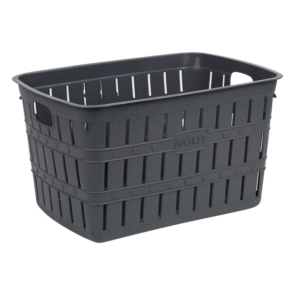 (Anthracite) 20L Plastic Bamboo Look Basket Laundry Clothes Storage Sorter Hamper with Handles