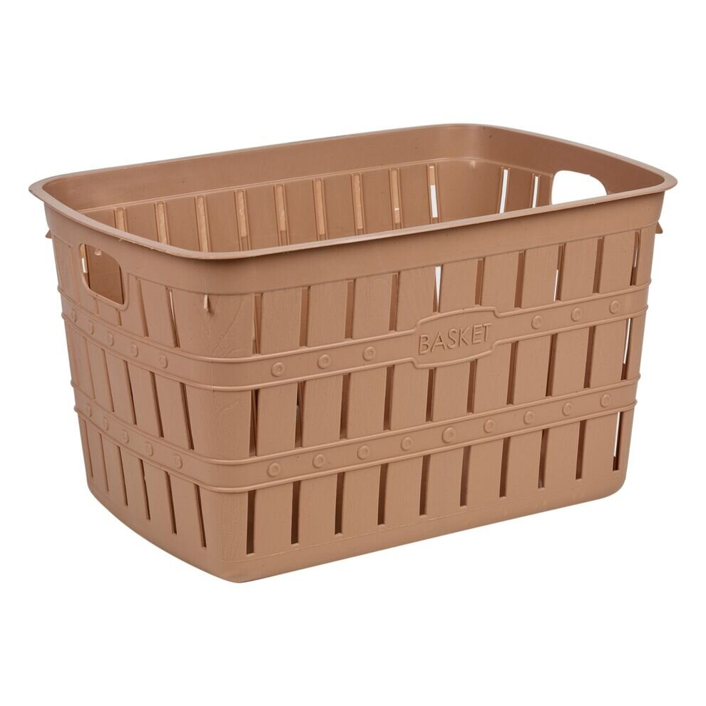 (Cappuccino) 20L Plastic Bamboo Look Basket Laundry Clothes Storage Sorter Hamper with Handles