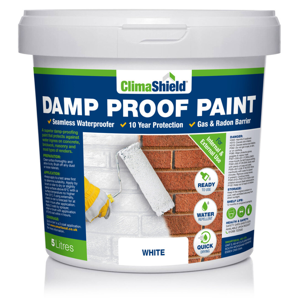 (White, 5 Litre) SmartSeal Damp Proof Paint - For Interior & Exterior Walls, Ceilings and Floors. Helps Prevent Water-Ingress and the Spread of Penetrating Damp
