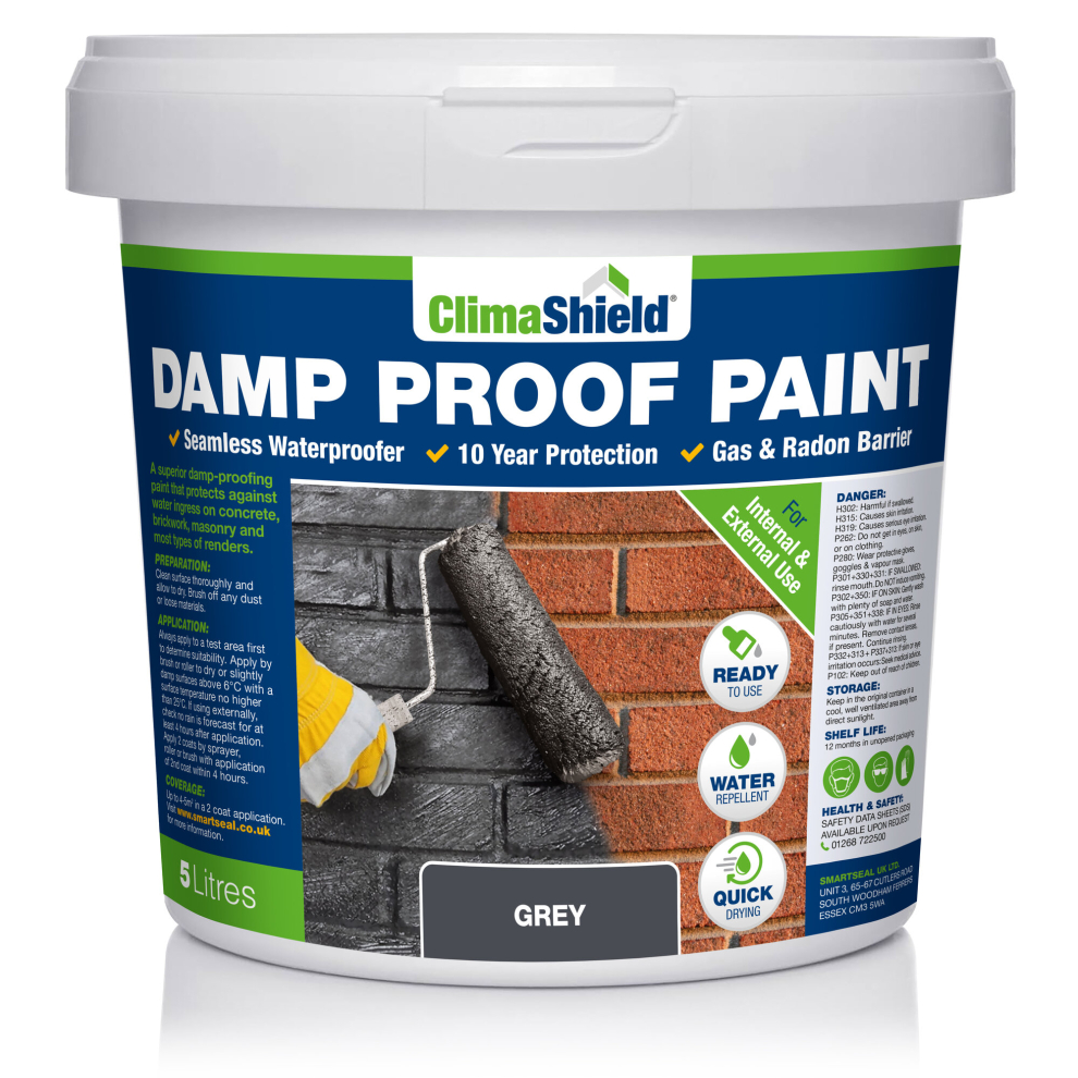 (Grey, 5 Litre) SmartSeal Damp Proof Paint - For Interior & Exterior Walls, Ceilings and Floors. Helps Prevent Water-Ingress and the Spread of Penetrating Damp
