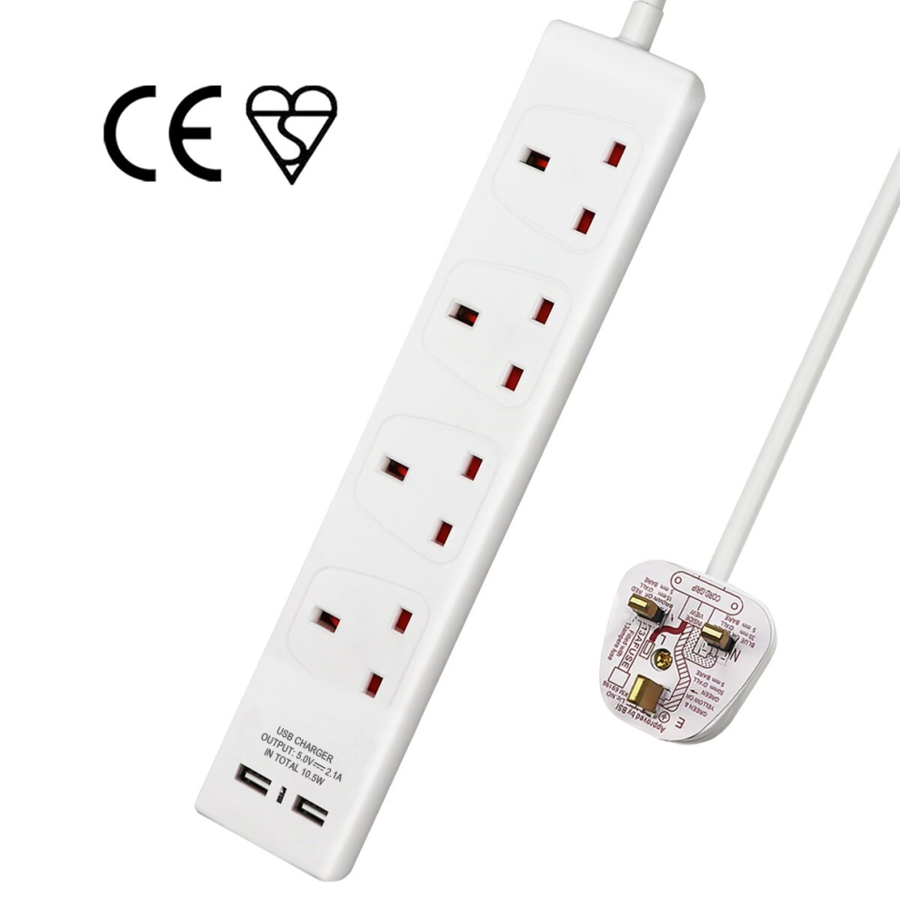 (1M, White) 4 Way Socket with Cable 3G1.25, with 2 USB Charger, Child-Resistant Sockets