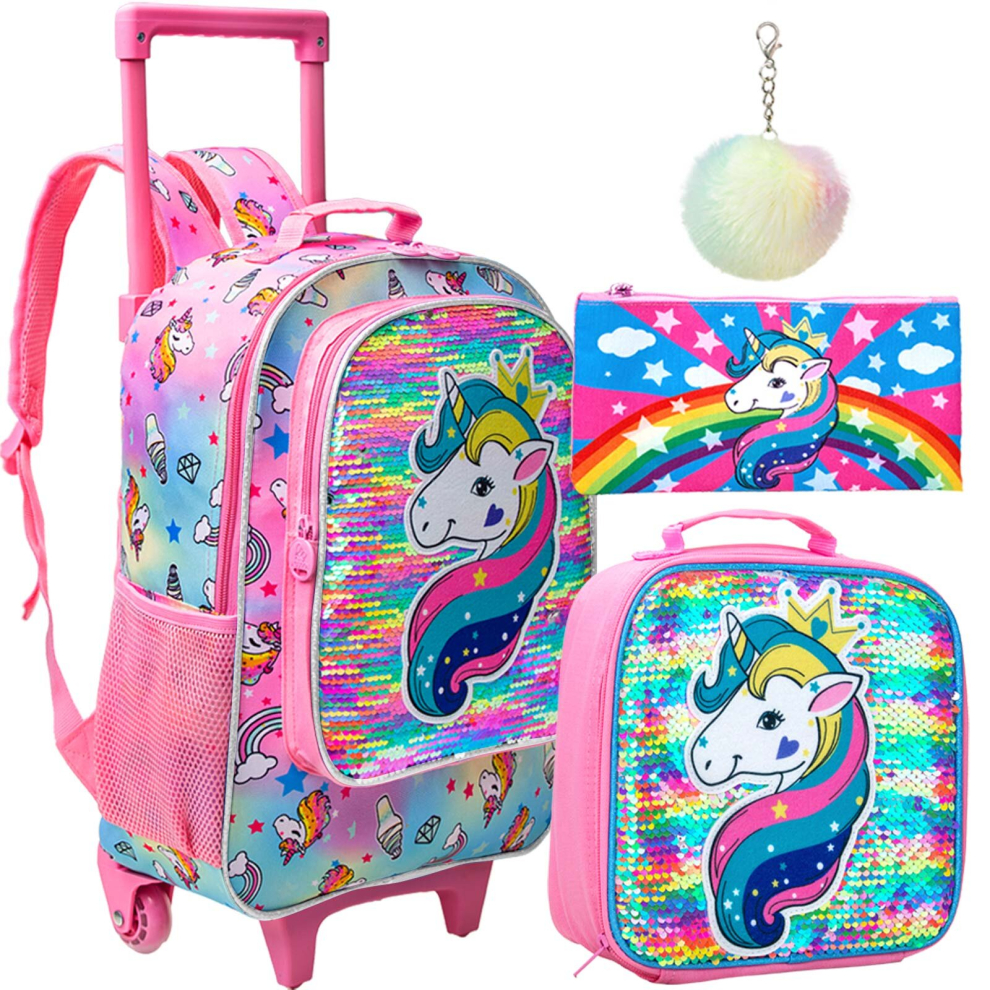 (Rolling-Unicorn-Pink) 3PCS Rolling Backpack for Girls Kids Roller Wheels Bookbag  with Lunch Bag Pink Unicorn Glow-in-the-dark Function-image-OPC-PD9RPK7-NEW