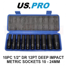 US PRO Tools 10PC 1/2" DR 12PT Deep Impact Metric Sockets 10 - 24mm 7540