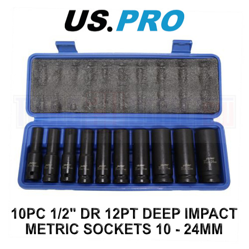 us pro US PRO Tools 10PC 1/2" DR 12PT Deep Impact Metric Sockets 10 - 24mm 7540