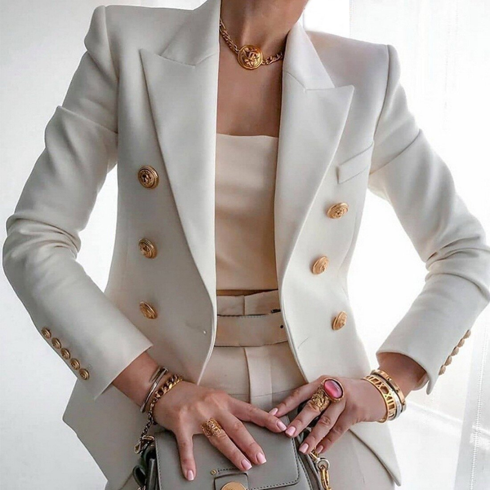 (White, L) Womens Doublebreasted Blazer Coat Long Sleeve Lapel Formal Slim Jacket Outwear