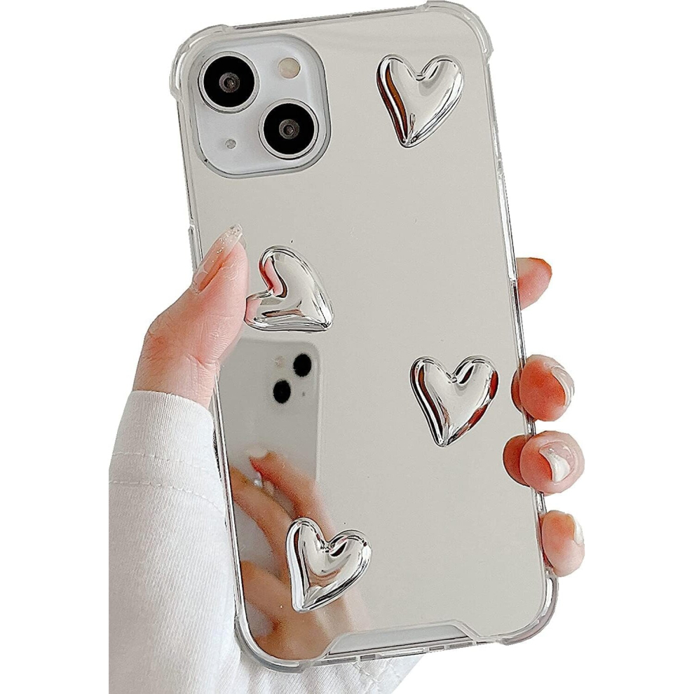 Compatible with iPhone 15 case,Mirror Senior Silver Cute Heart Soft Silicone Clear Makeup Mirror Women Girls Shockproof Protective Cover Case