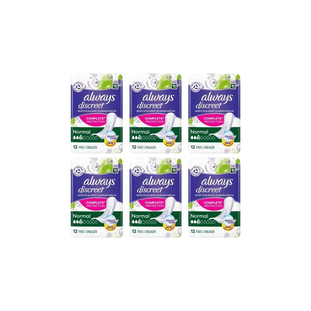 Always Discreet Incontinence, Sensitive Bladder, Complete Protection 12 Pads (Pack of 6)