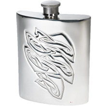 6oz Hip Flask with Archibald Knox Design Embossed on Front Kidney Shaped Pewter Flask Bright Polished Finish Screw Top Perfect for Engraving Hip Flask