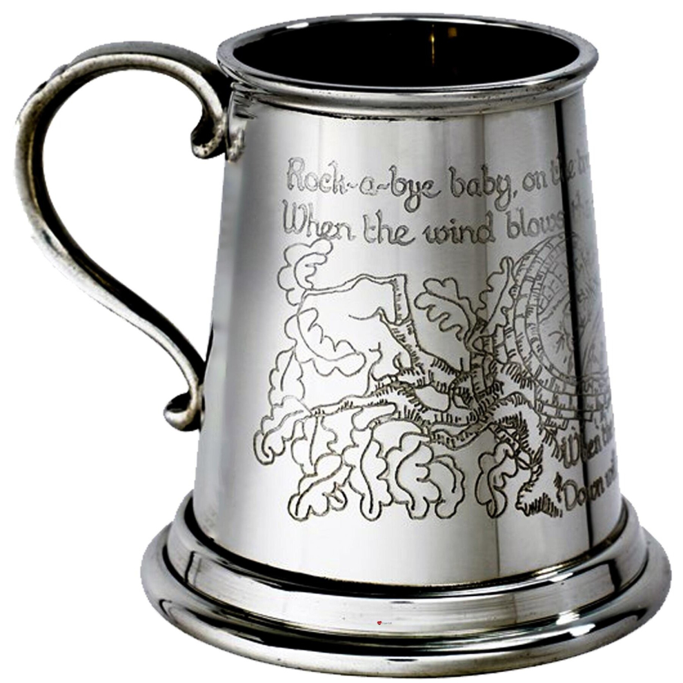 Quarter Pint Christening Mug Rock A Bye Baby Nursery Rhyme On Front And Back Of Body Christening Pewter Tankard Scroll Handle Supplied In Presentation I Luv Ltd
