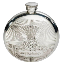 6oz Round Pewter Pocket Hip Flask with Embossed with Usquabae Single Thistle Design Bright Polished Finish Screw Top Perfect for Engraving Hip Flasks