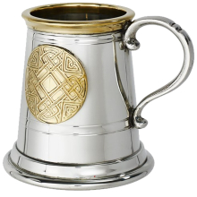 Quarter Pint Christening Gift Celtic Gold Embossed Brass Badge on Front Brass Lip on Mug Pewter Georgian Style Handle Perfect for Engraved Supplied in