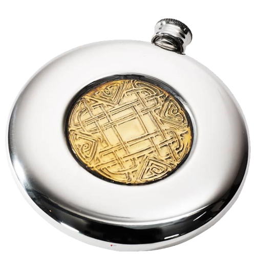 4oz Round Slim Embossed Brass Celtic Gold Badge Flask Sporran Shaped ...