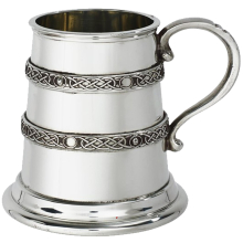Quarter Pint Christening Baby Gift Double Celtic Band Detail on Mug Pewter Scroll Handle Perfect for Engraved Supplied in Satin Presentation Box